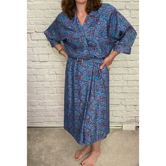 Vintage Dresses & Skirts - Vintage 80s Paisley Midi Dress Jewel Tone Belted Shoulder Pads Sz M